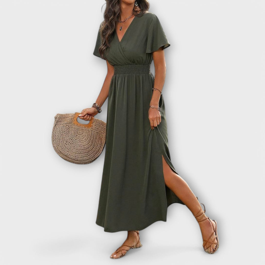 Heather - Elegantna Boho Obleka z V-Izrezom in Dolgimi Rokavi