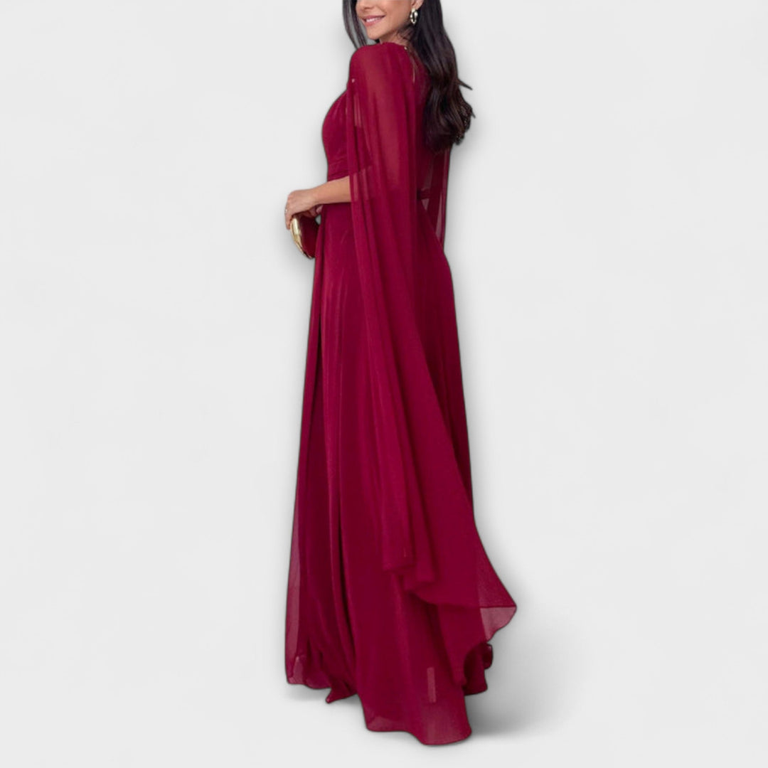 Mabel - Elegantne maxi obleke s plaščem in visokim razporkom