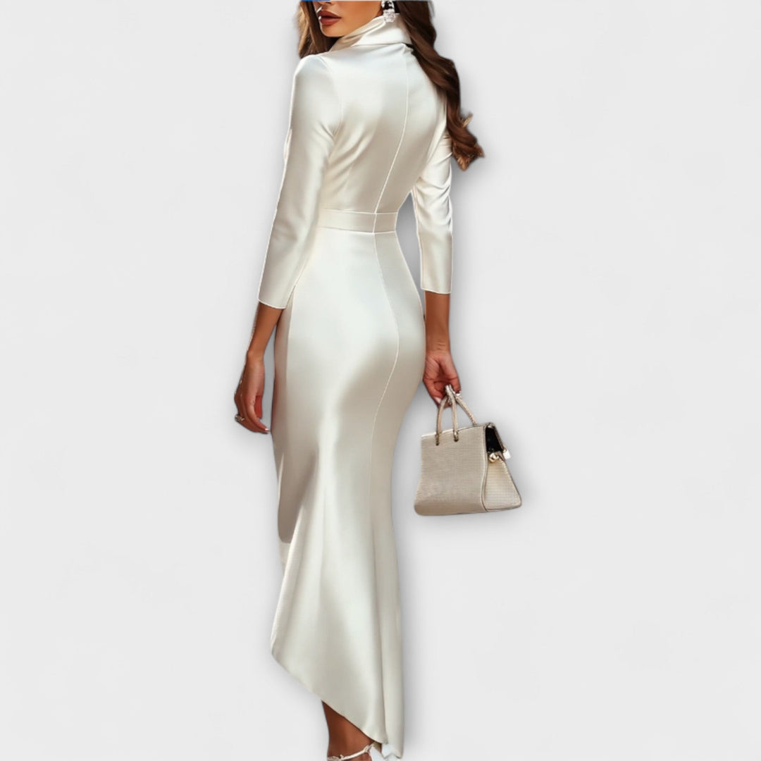 Rebecca - Elegantne bele satenske midi obleke z V-izrezom