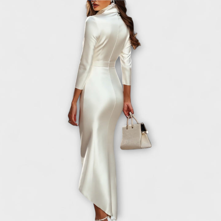 Rebecca - Elegantne bele satenske midi obleke z V-izrezom