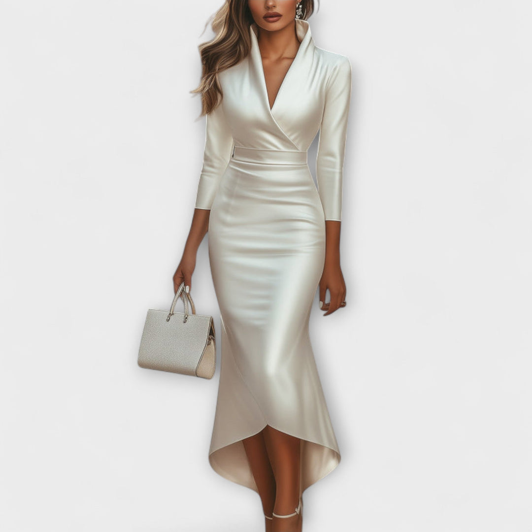 Rebecca - Elegantne bele satenske midi obleke z V-izrezom