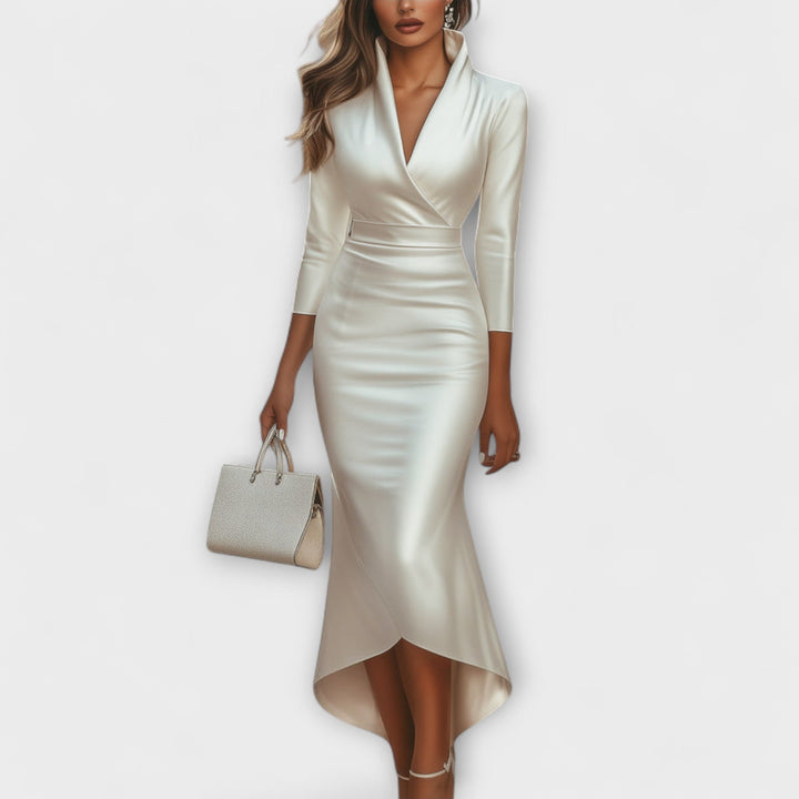 Rebecca - Elegantne bele satenske midi obleke z V-izrezom