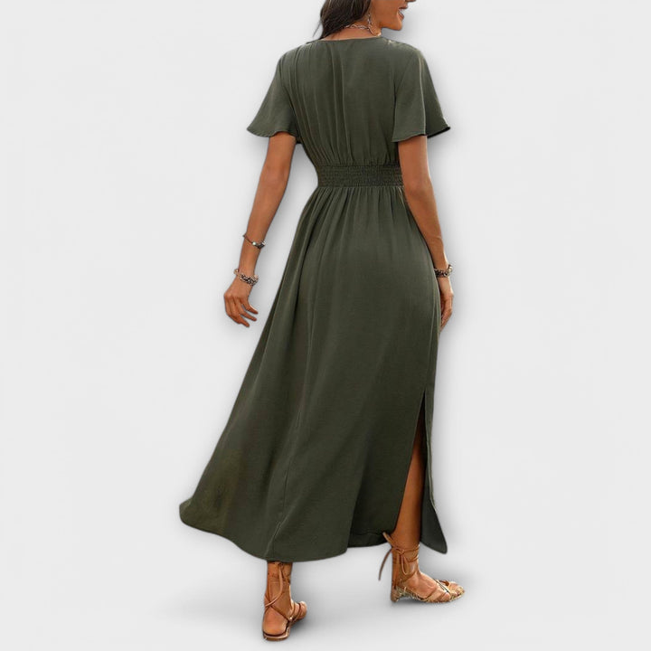 Heather - Elegantna Boho Obleka z V-Izrezom in Dolgimi Rokavi