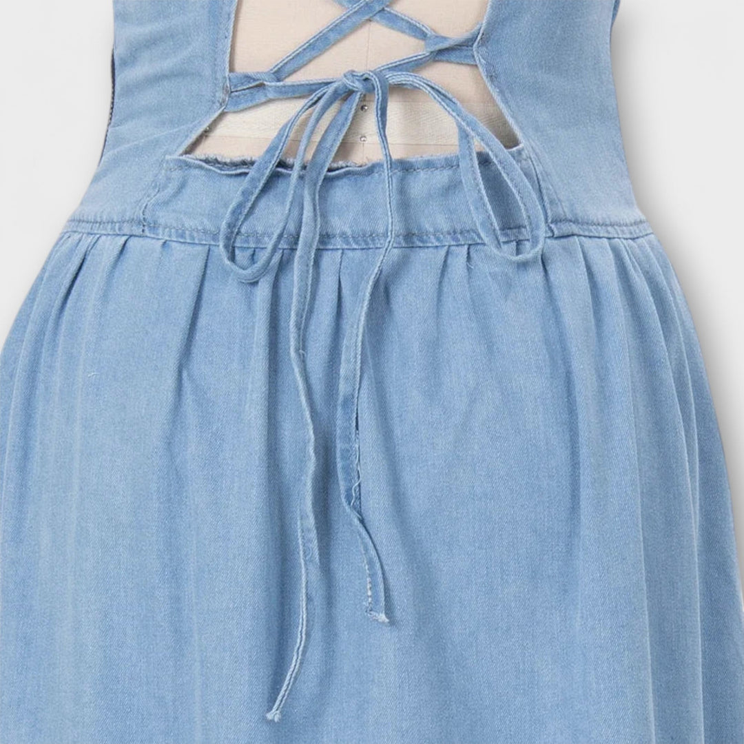 Lux - Obleka brez naramnic v denim modri