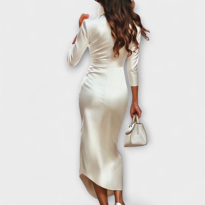 Rebecca - Elegantne bele satenske midi obleke z V-izrezom