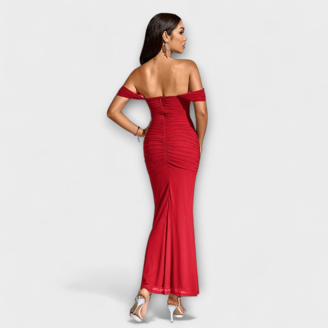 Ione - Bodycon obleka z odprtimi rameni in nabiranjem