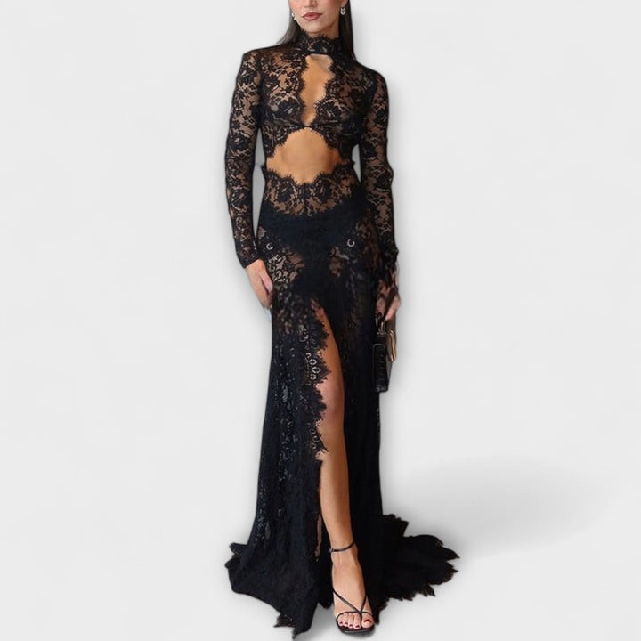 Azalea - Midnight Elegance Prosojne Čipkaste Dolg Rokav Stretch Maxi Oblačilo