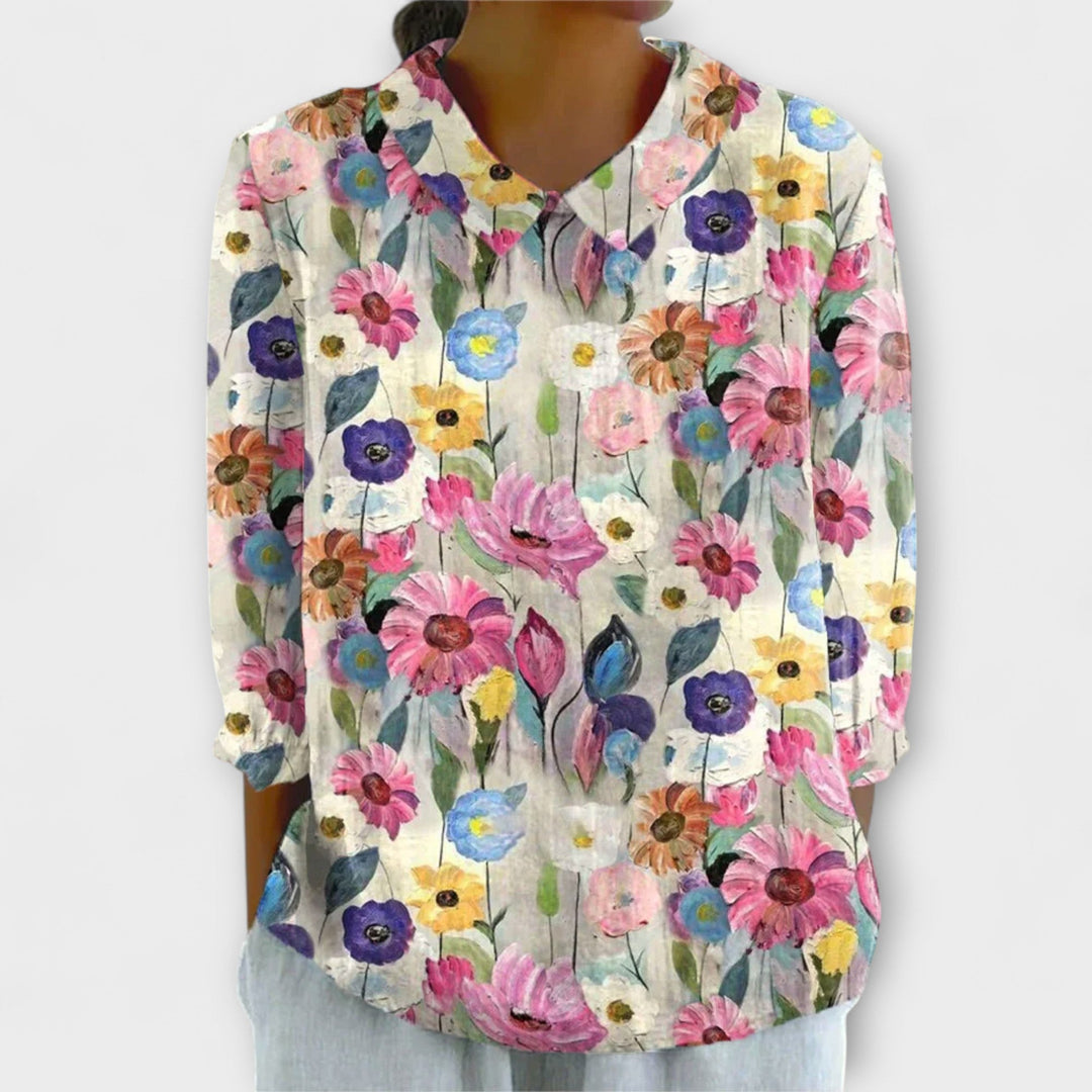 Kelly - Vintage cvetlična bombažno-leninasta bluza