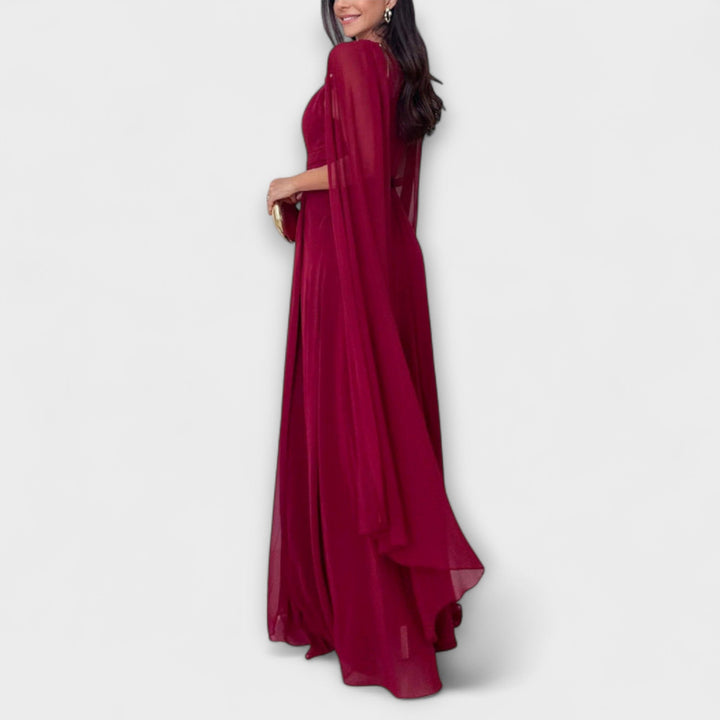 Mabel - Elegantne maxi obleke s plaščem in visokim razporkom